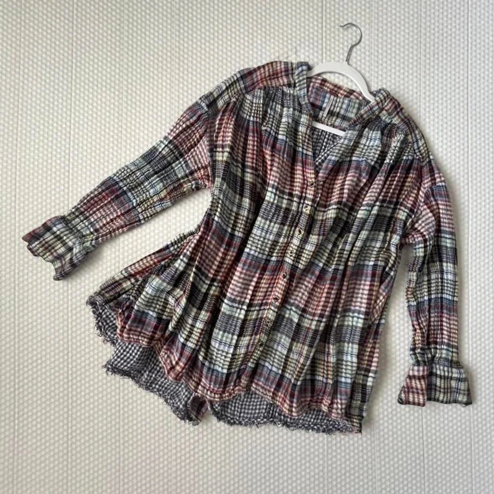 Free People gauze plaid peasant top boho babydoll blouse Size S festival flowy - Picture 2 of 4